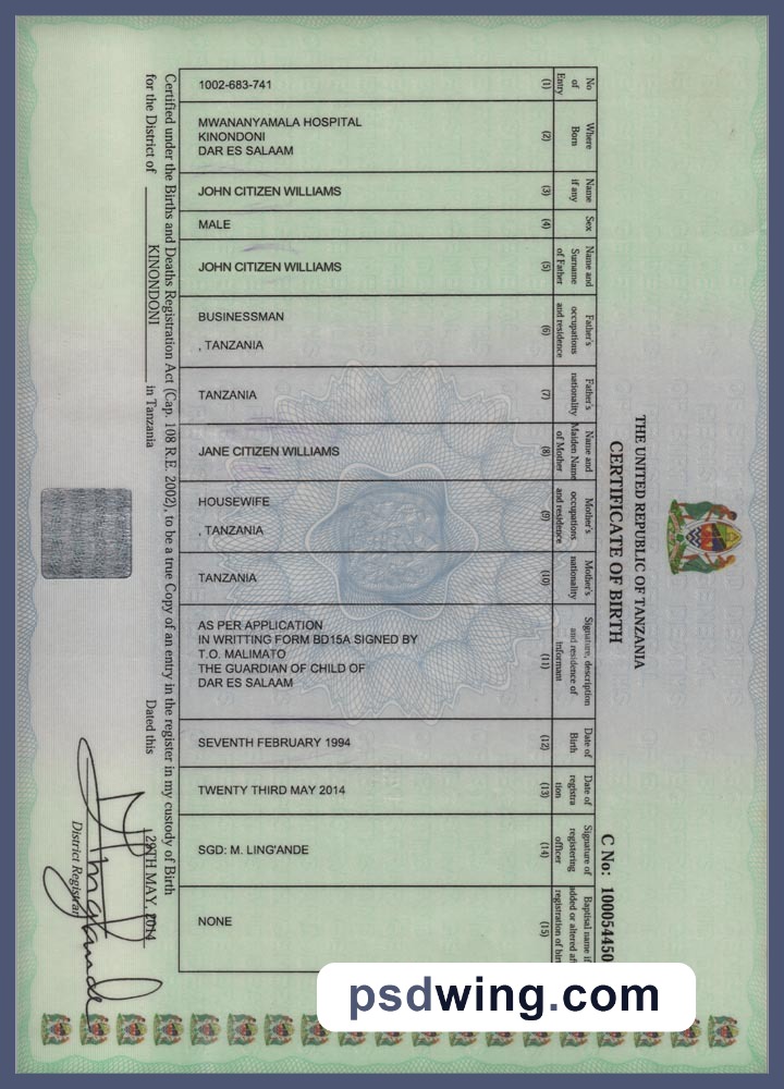 Tanzania Birth Certificate Version 2